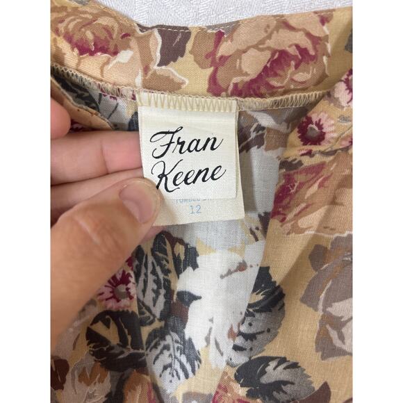 Fran Keene Vintage Tunic 12 Tan Floral Belted Cottagecore Fall Neutral Country - Picture 10 of 12